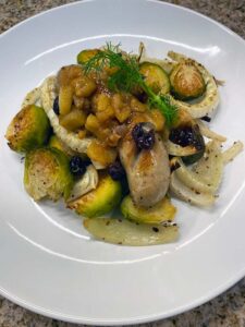 Sheet-Pan Bratwurst with Fennel, Brussels, and Apple