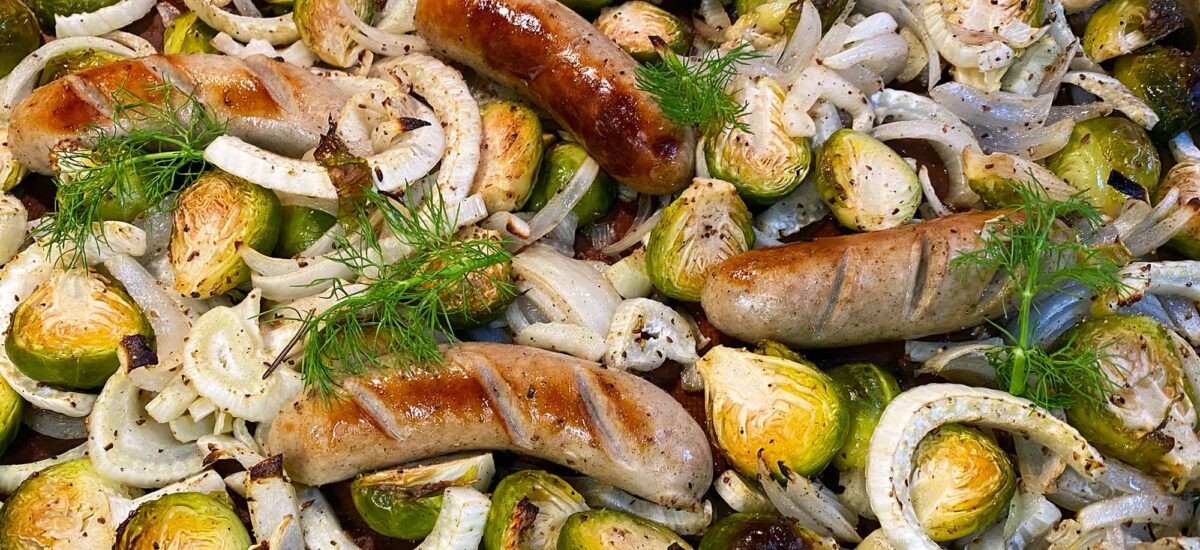 Sheet-Pan Bratwurst with Fennel, Brussels, and Apple