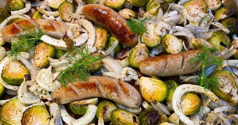 Sheet-Pan Bratwurst with Fennel, Brussels, and Apple