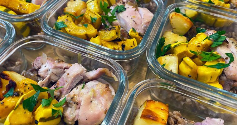 Sheet-Pan Chicken, Squash, and Halloumi Grain Bowl